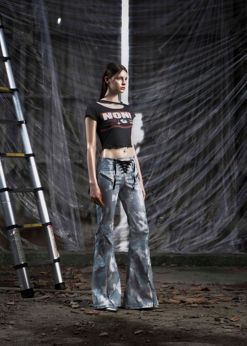 NONE Printed Lace Up Flared Jean