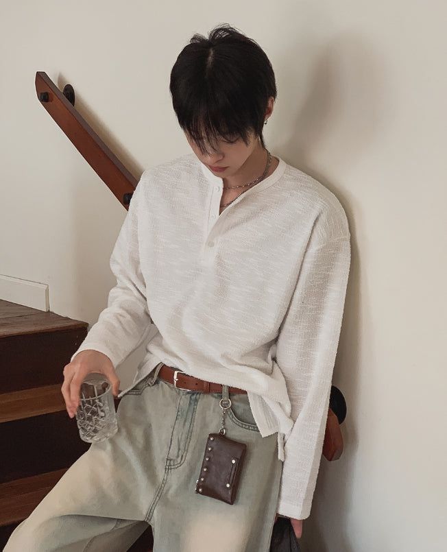 Bebro Tweed Henley Neck Long Sleeve Tee