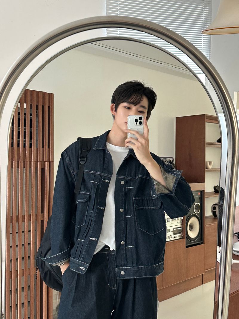 LMN log Oversized fit stitch denim setup jacket (2 colors)