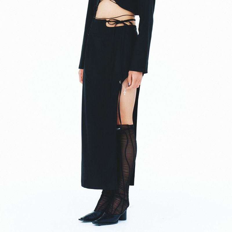 213-CHAIN&SLIT RIBBON SKIRT