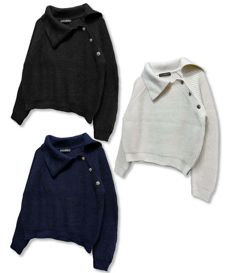 Oblique Collar Cross Button Knit_Black