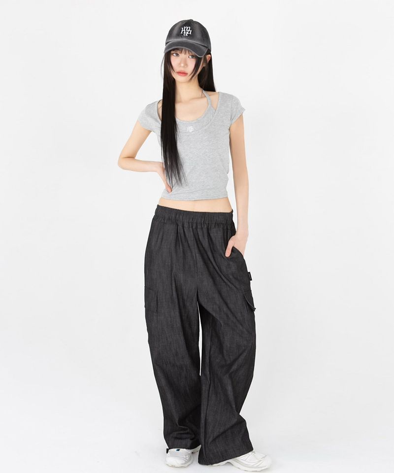 LAYERED STRAP HALF T-SHIRT [4color]