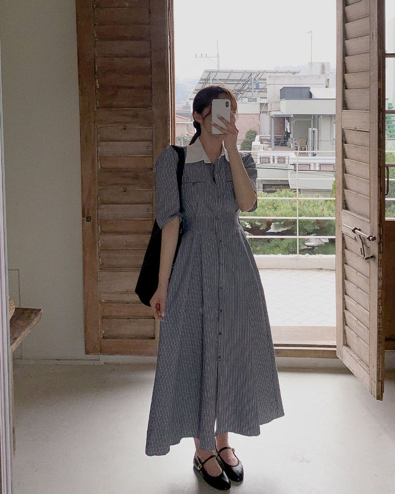 MAYBINS(メイビンス)の「Moon collar striped long dress(Dresses)」