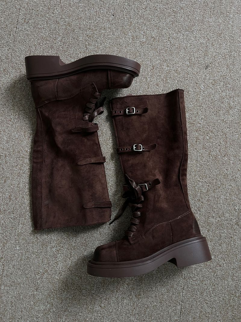 Kelvo Triple Buckle Belt Lace-Up Suede Oversole Long Boots (2 Colors)