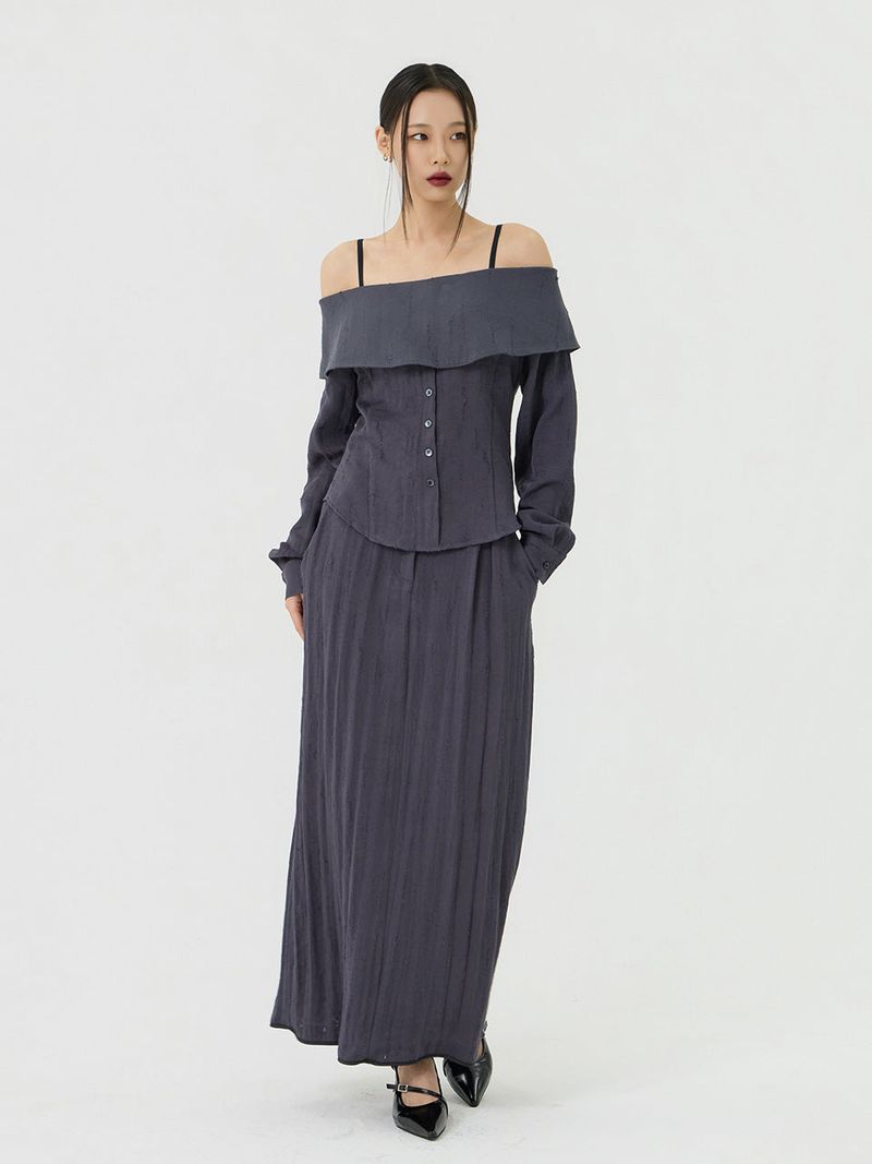 Scratch Cape Off-Shoulder Belted Shirt, Charcoal