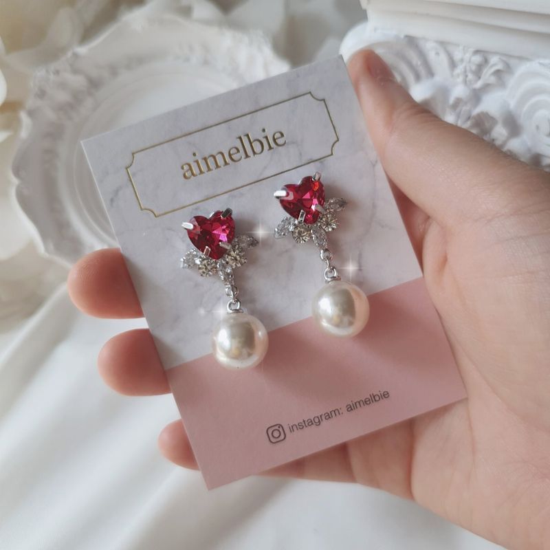 [IU Piercing] Heart Crystal and Pearl Piercing - Rosepink