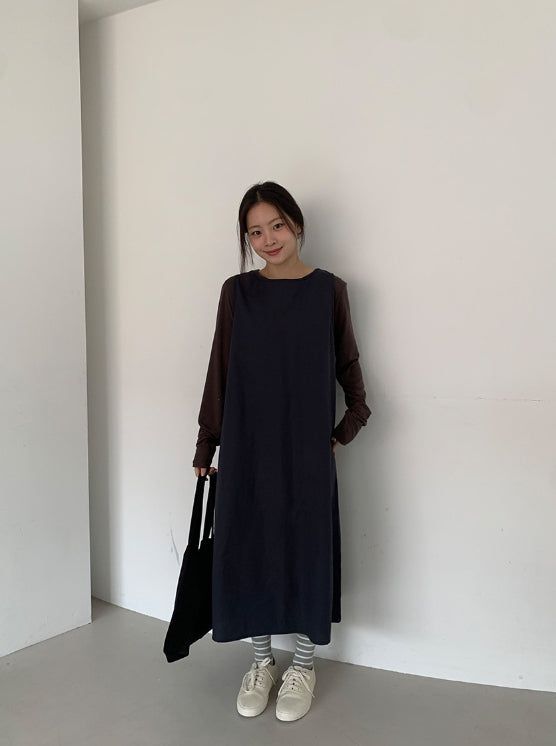 ツチカリボンノースリーブロングワンピース