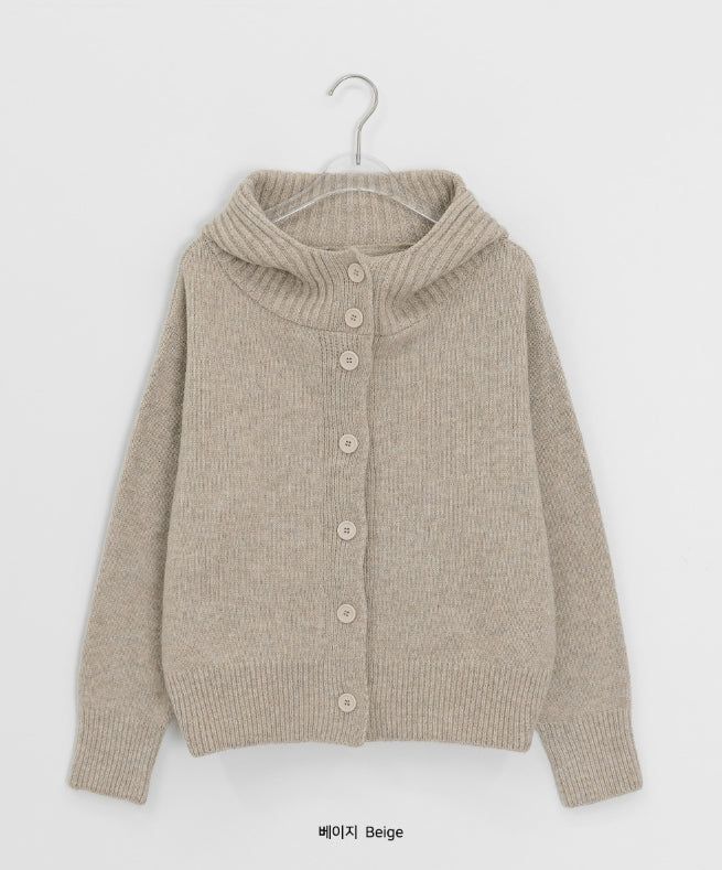 Mihro High Neck Hood Wool Knit Cardigan