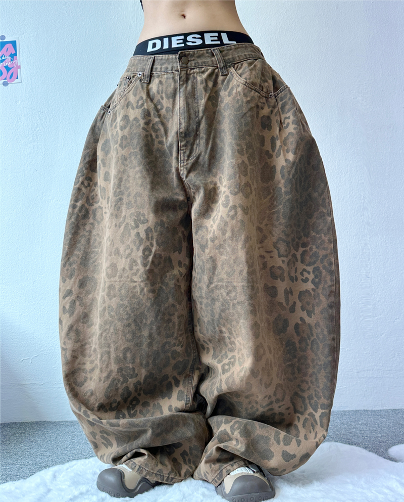 HIDDEN POCKET LEOPARD SPOT BALLOON DENIM🤎💚 - 2 COLORS