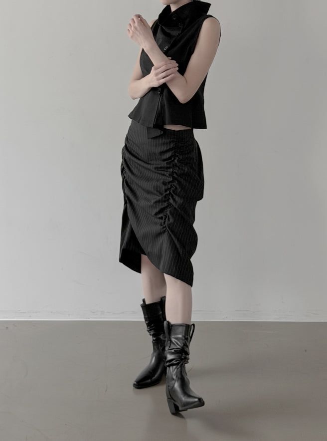 Rev Stripe Shirred Midi Skirt