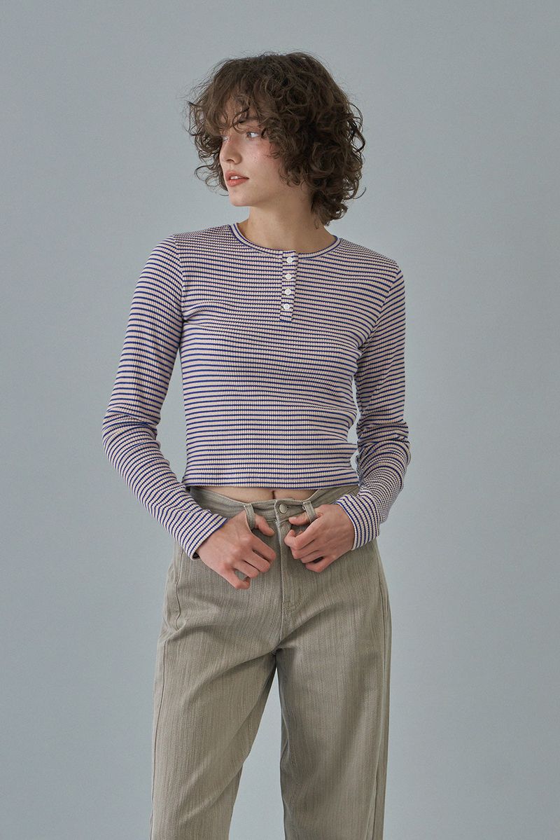 WITHOUTSUMMER（ウィズアウトサマー）の「Stripe button t-shirt_blue（Tops）」