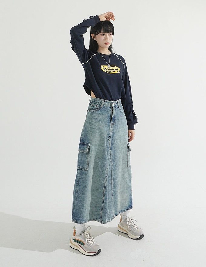 Back Slit Cargo Denim Long Skirt