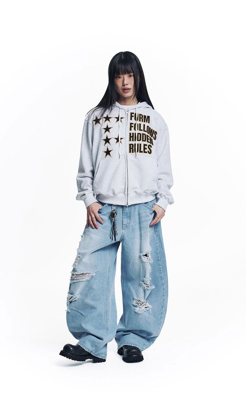 Star Lettering Patch Hoodie Zip-Up - White