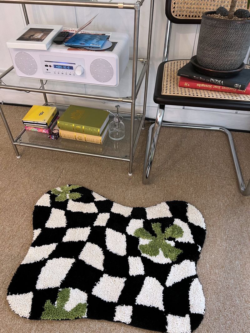 Green flower wave checkerboard tufting rug