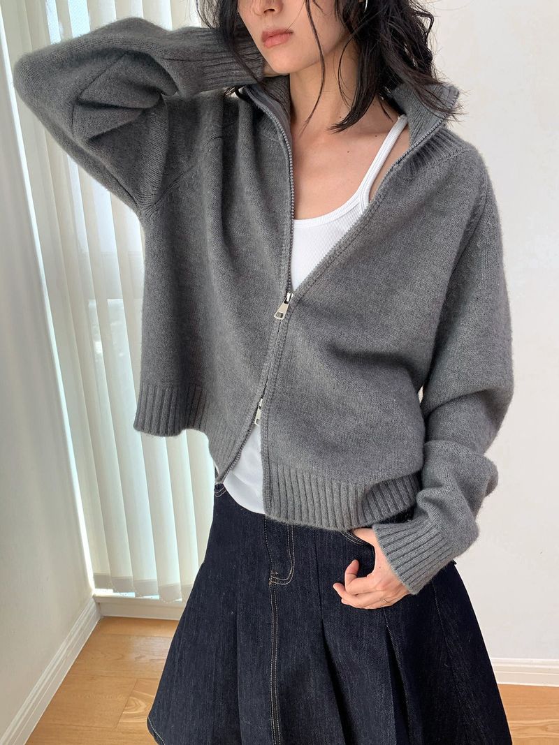 Stand Collar High Neck Zip-Up Long Sleeve Knitwear