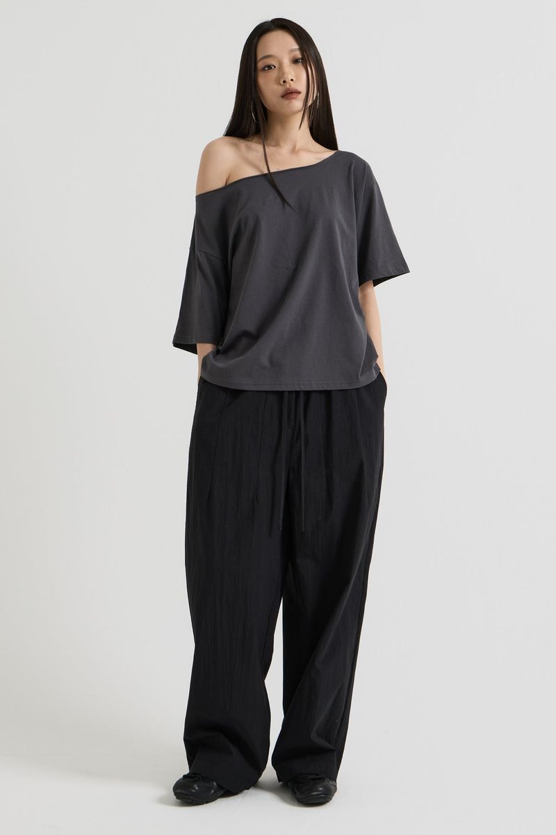 Cotton wide banding pants, Black