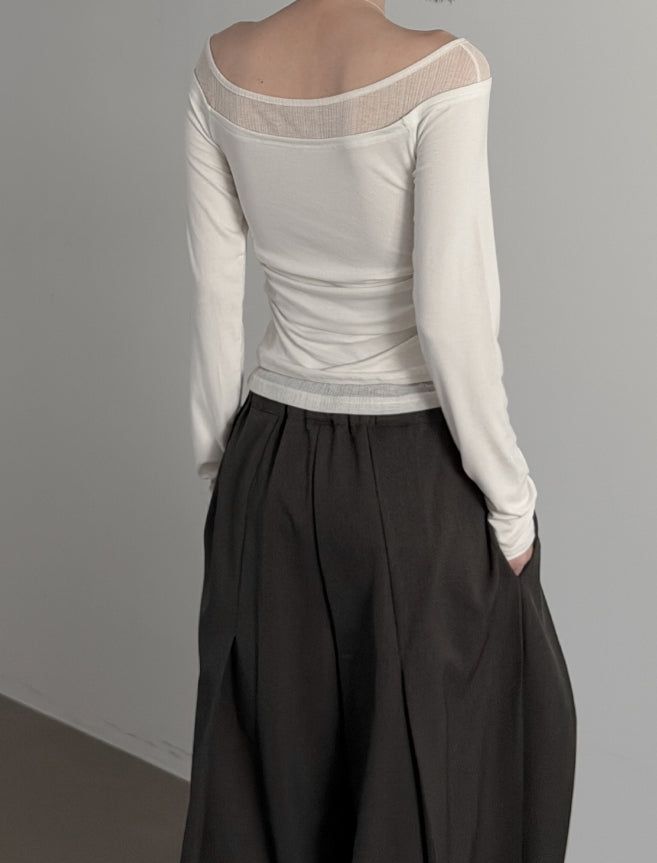 Ribbed Color Matching Layered Pintuck Boat Neck Tee