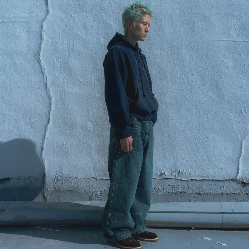 Grid hoodie / Washed navy