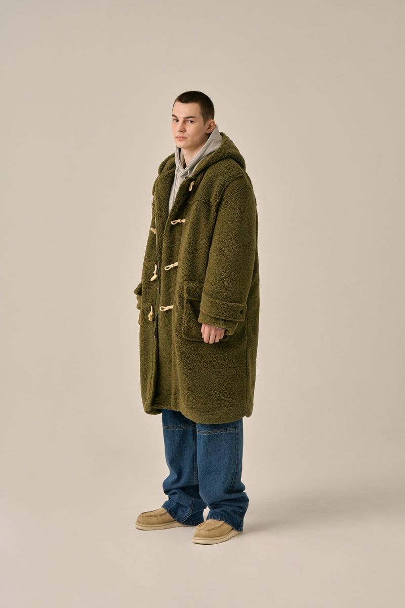 DUFFLE FLEECE HOODED COAT - KHAKI