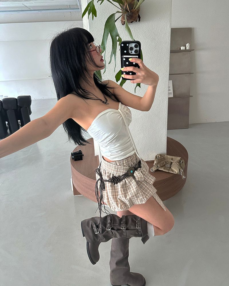 Checkered Belt Set Pumpkin Balloon Miniskirt