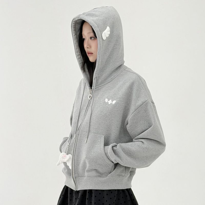 Angel Wing Zip-Up Hoodie - Grey