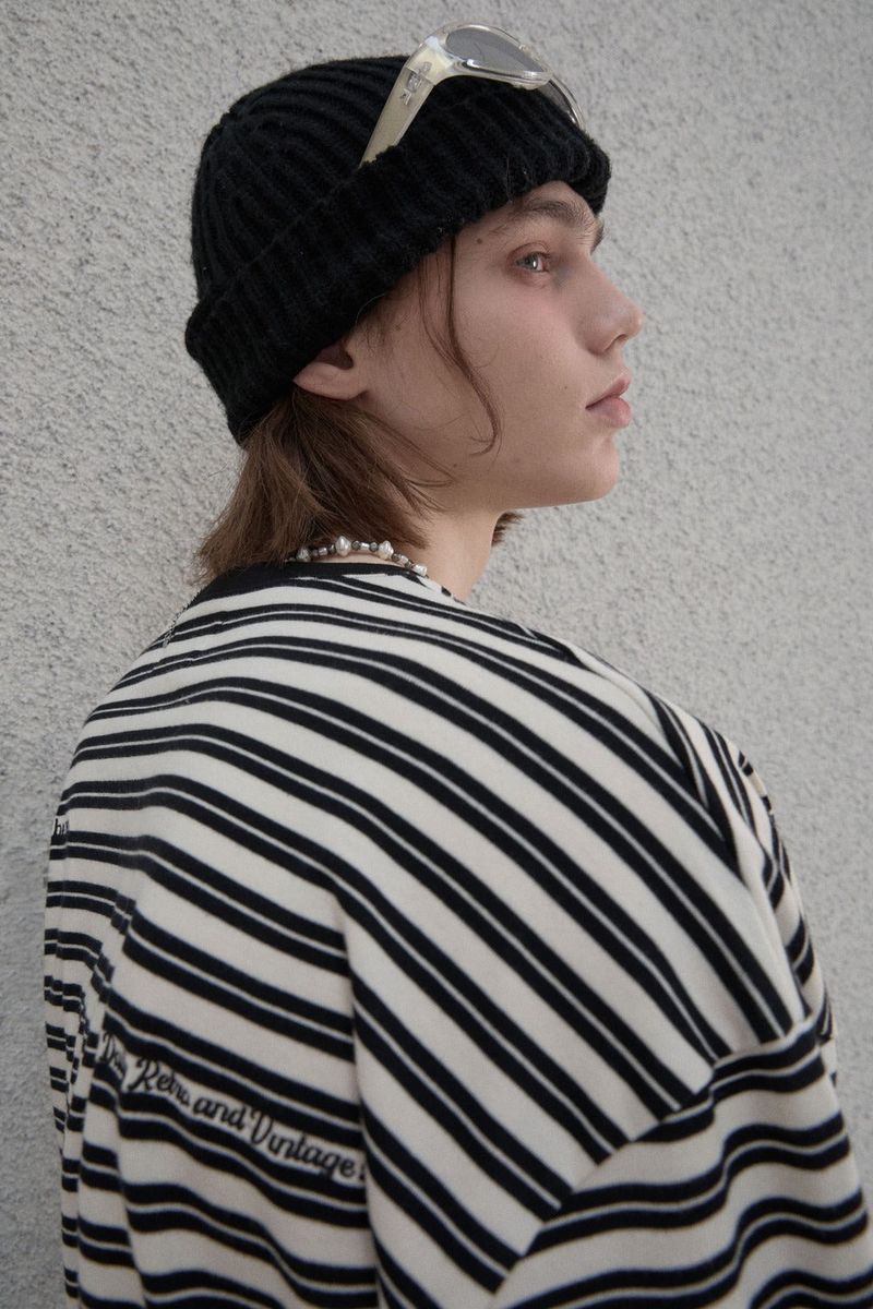 Stripe Henry neck T-shirt - Black