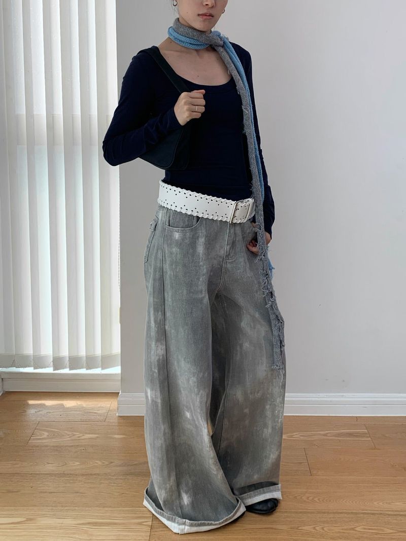 Gray washed wide cotton pants