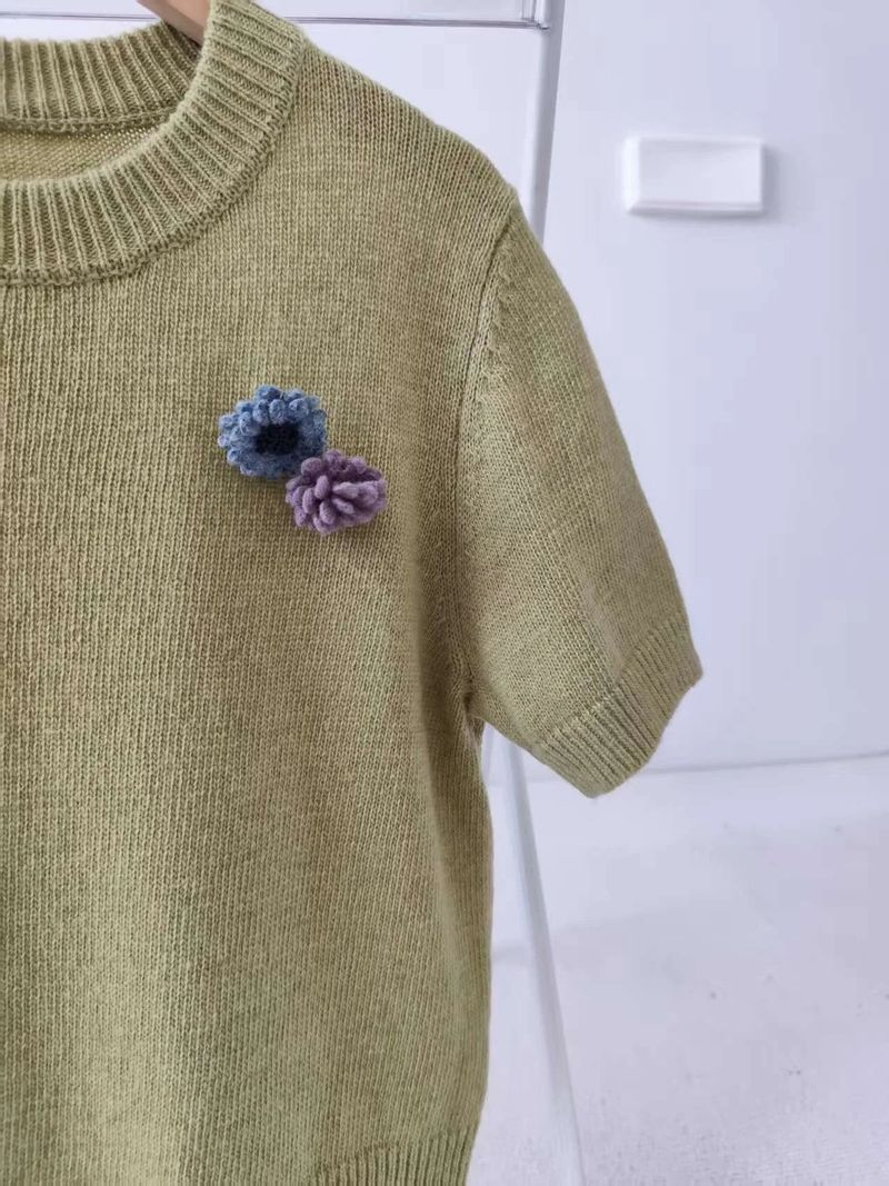 [1+1 Special] Tours Flower Decor Round Neck Wool Short Sleeve Knit