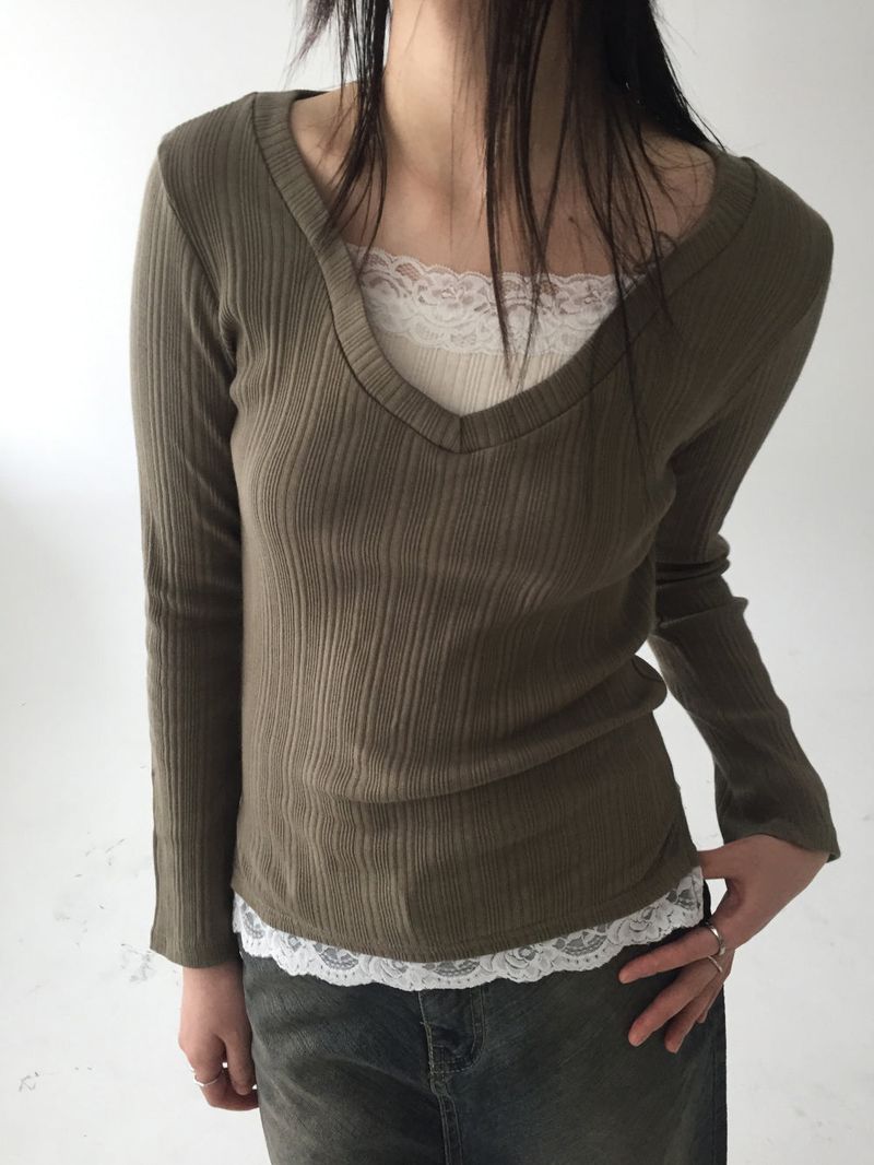 Lace ribbed long sleeves
