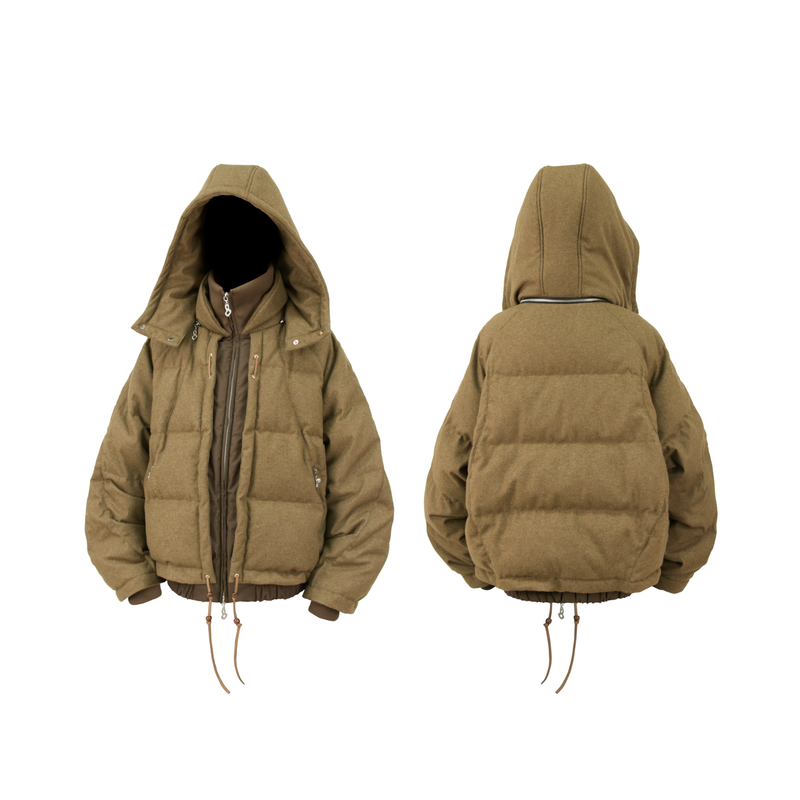 RELABEL Interactive (Layered) Multi-Panel Imported Australian Wool Patchwork Detachable Hood Down Jacket