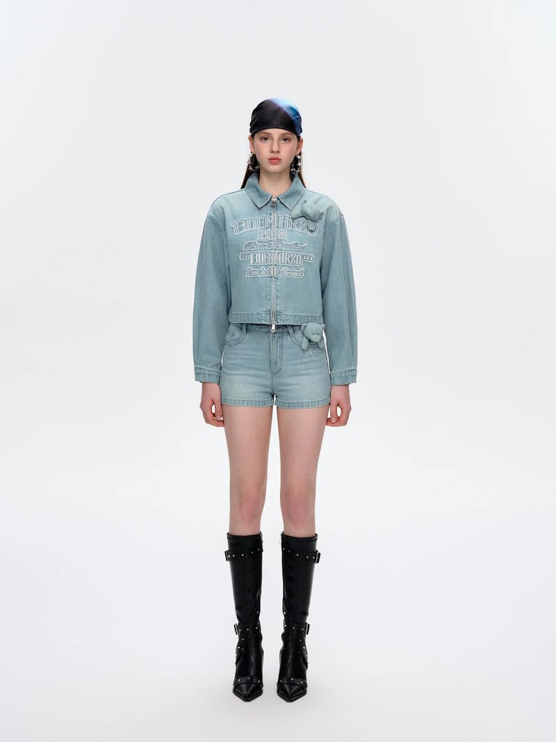 13DE MARZO Denim Frayed Embroidered Jacket