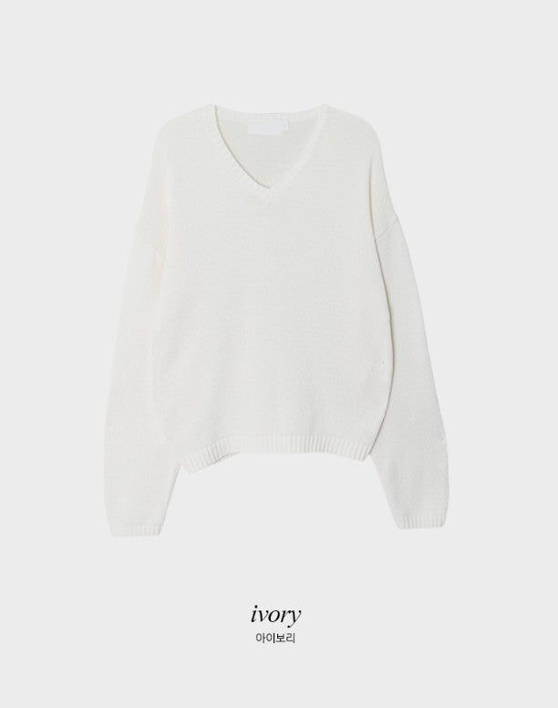Again Basic Cotton Loose Fit V-neck Knit (5color)