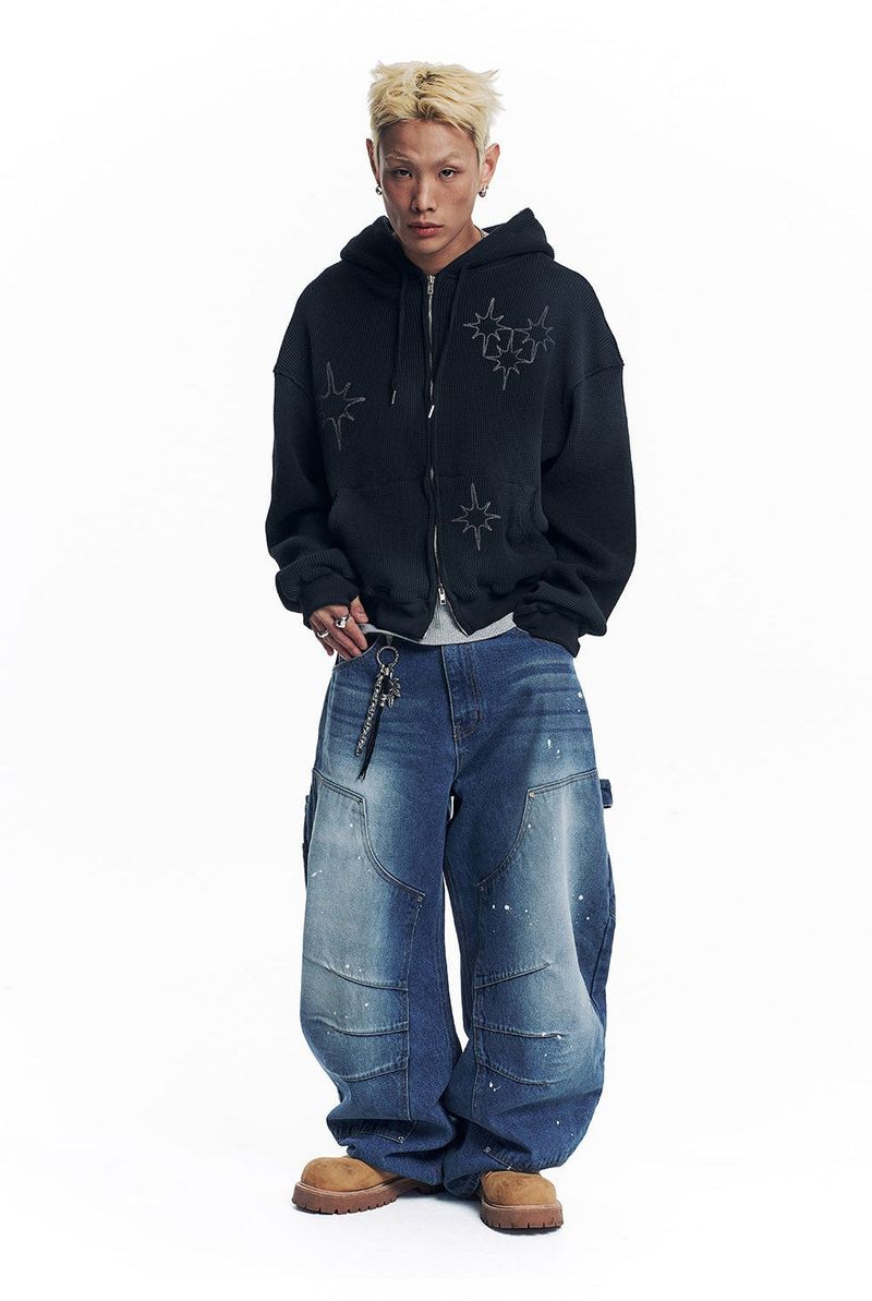 Washed Star Waffle Hooded Zip-Up - Black