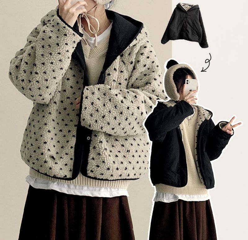 [Double-sided/Reversible*] PN Heart Pattern Fleece Hooded Jumper