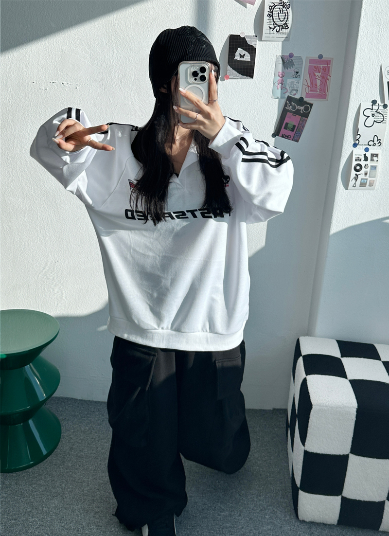 RAGLAN THREE-STRIPE COLLAR SWEATSHIRT🖤🩶🤍 - 3 COLORS
