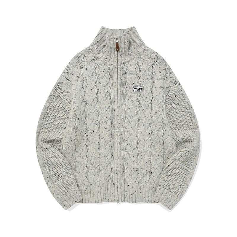 UNI LOGO WAPPEN CABLE COLLAR KNIT ZIP UP [LIGHT GRAY]
