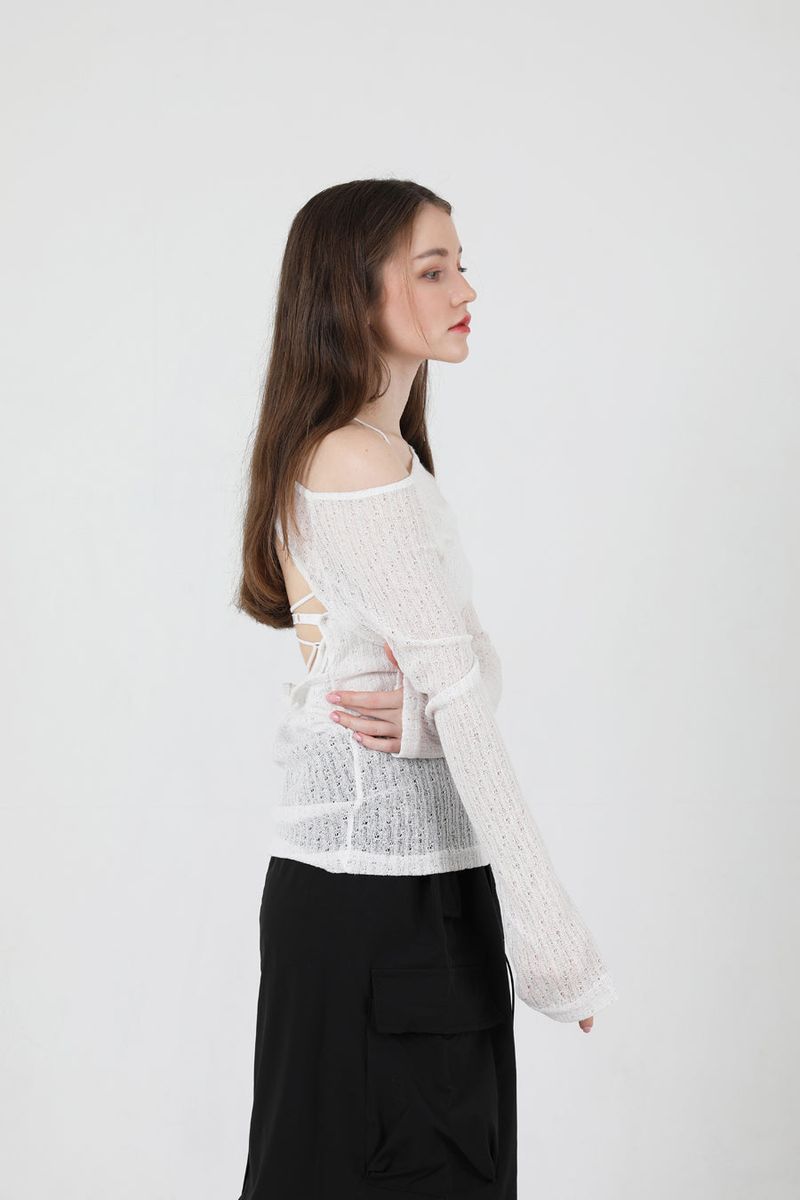 See-Throught Back Slit Long Sleeve Knit White