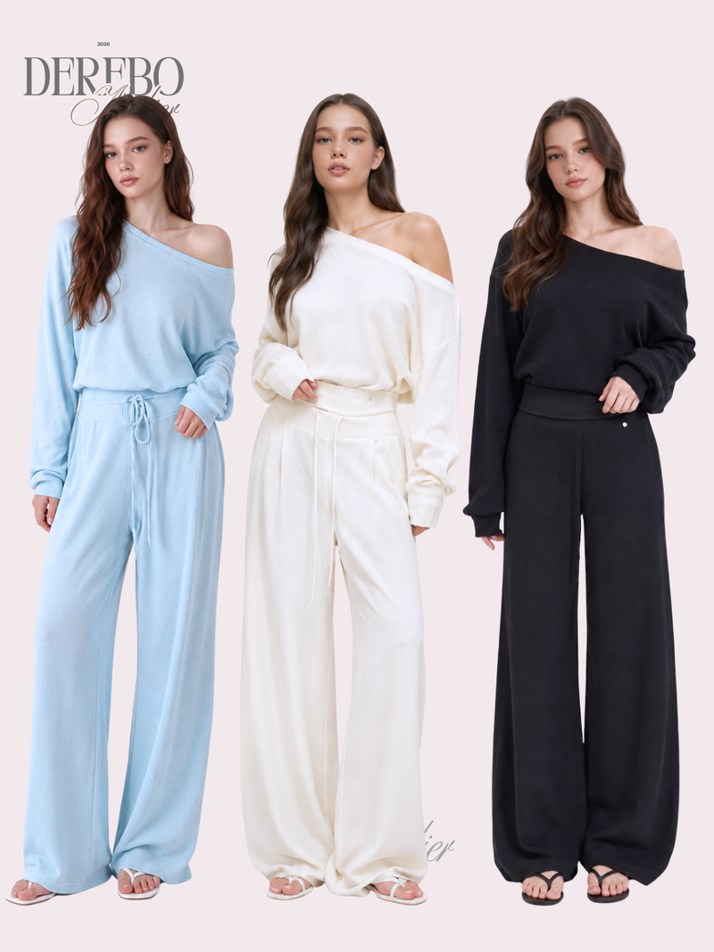 Waffle Asymmetrical Off-Shoulder Sweat Pants Set (TOP+PANTS SET)