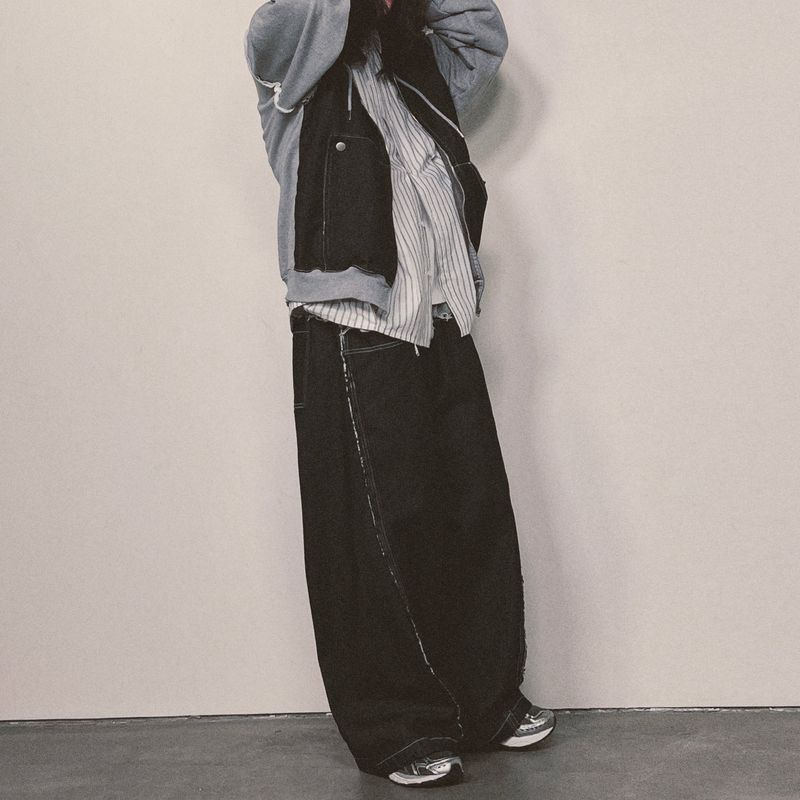 layered deconstructed zip-up hoodie_black