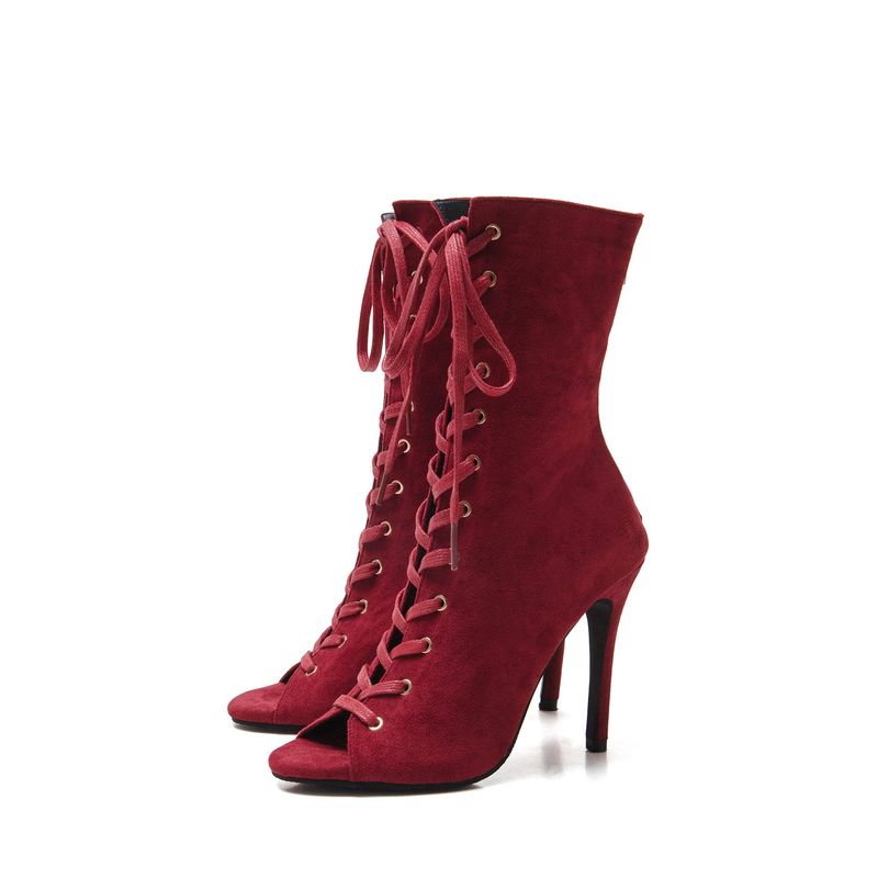 Suede Lace-Up Open Toe Heel(Red)