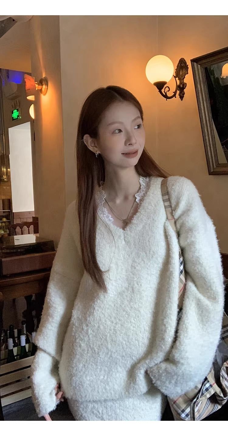 Cloud V-neck Knit Skirt Two-piece