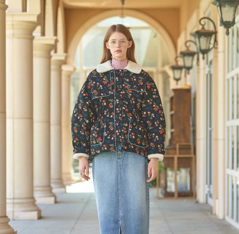 Flower Fleece Quilted Jacket (Black)