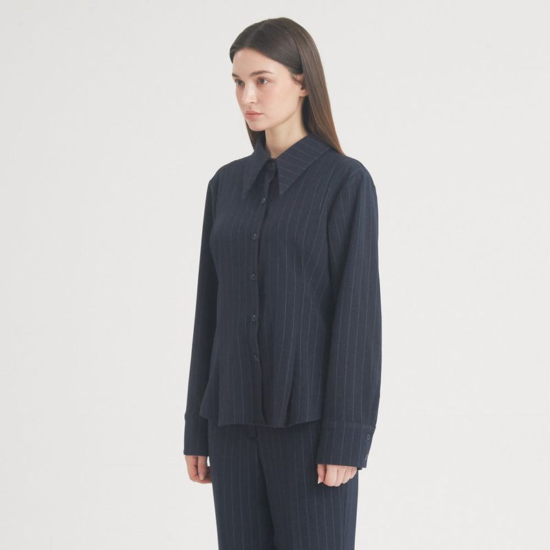 Wool Stripe Pintuck Shirt (Navy)