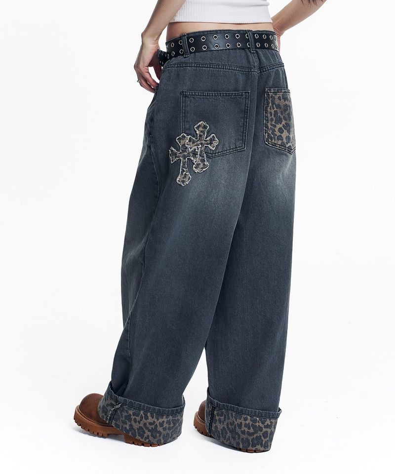 Leopard Cross Patch Roll-Up Denim Pants - Black
