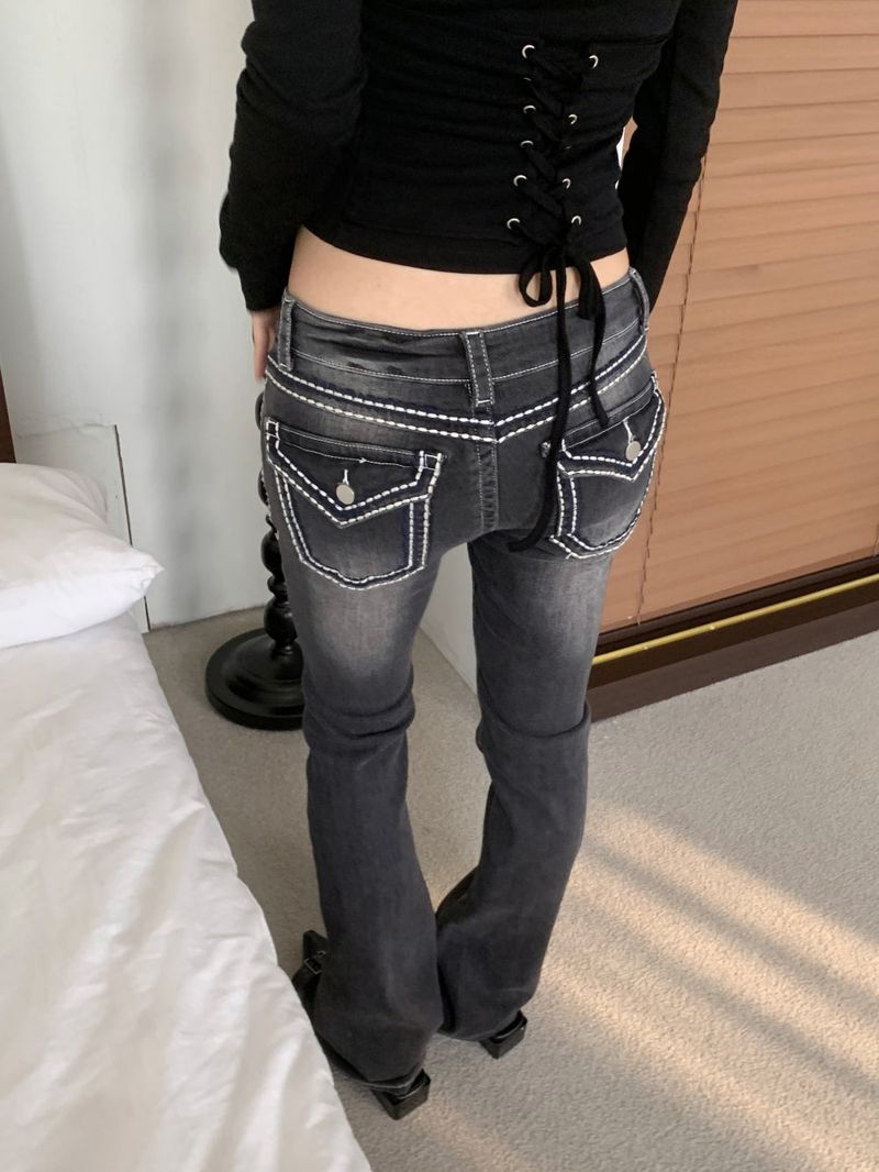 Back Pocket Contrast Stitch Gradient Low-Rise Bootcut Pants