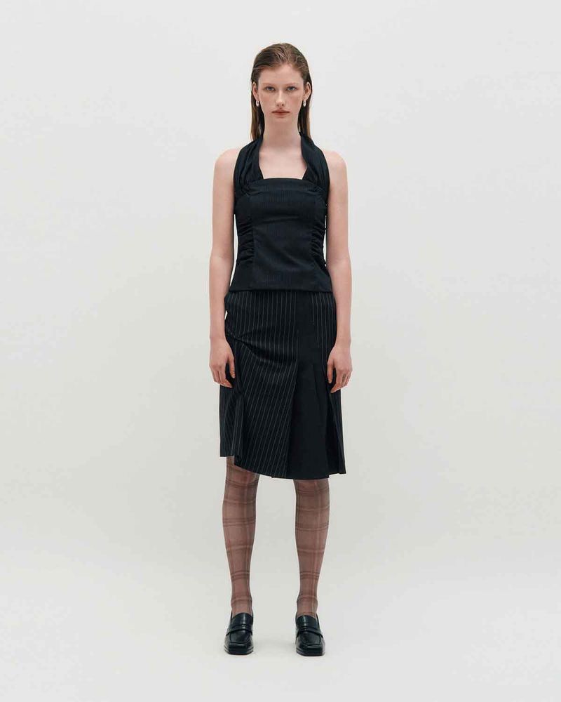 Wide Tie Stripe Halter Top _ BLACK