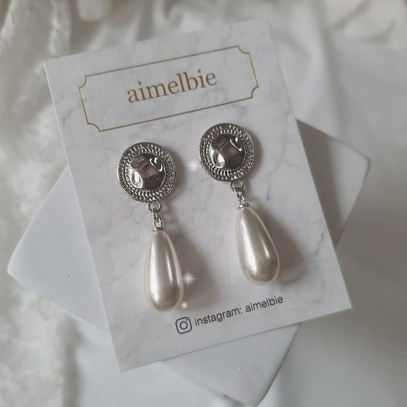 Ethnic Button and Long Pearl Earrings - Silver Color
