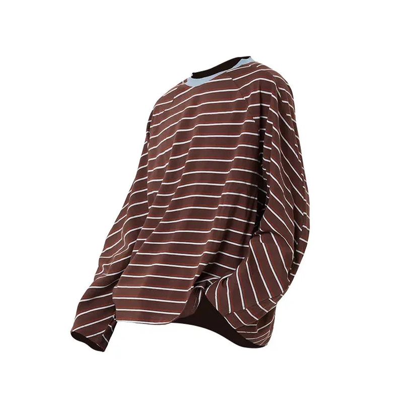RELABEL(‘LABEL) 100% cotton woven striped contrast-color daily wear loose casual long-sleeved T-shirt