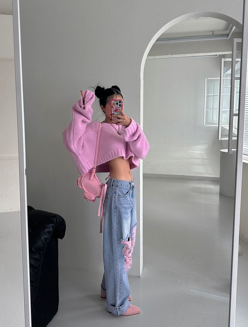 Pink Damage Wide Jeans