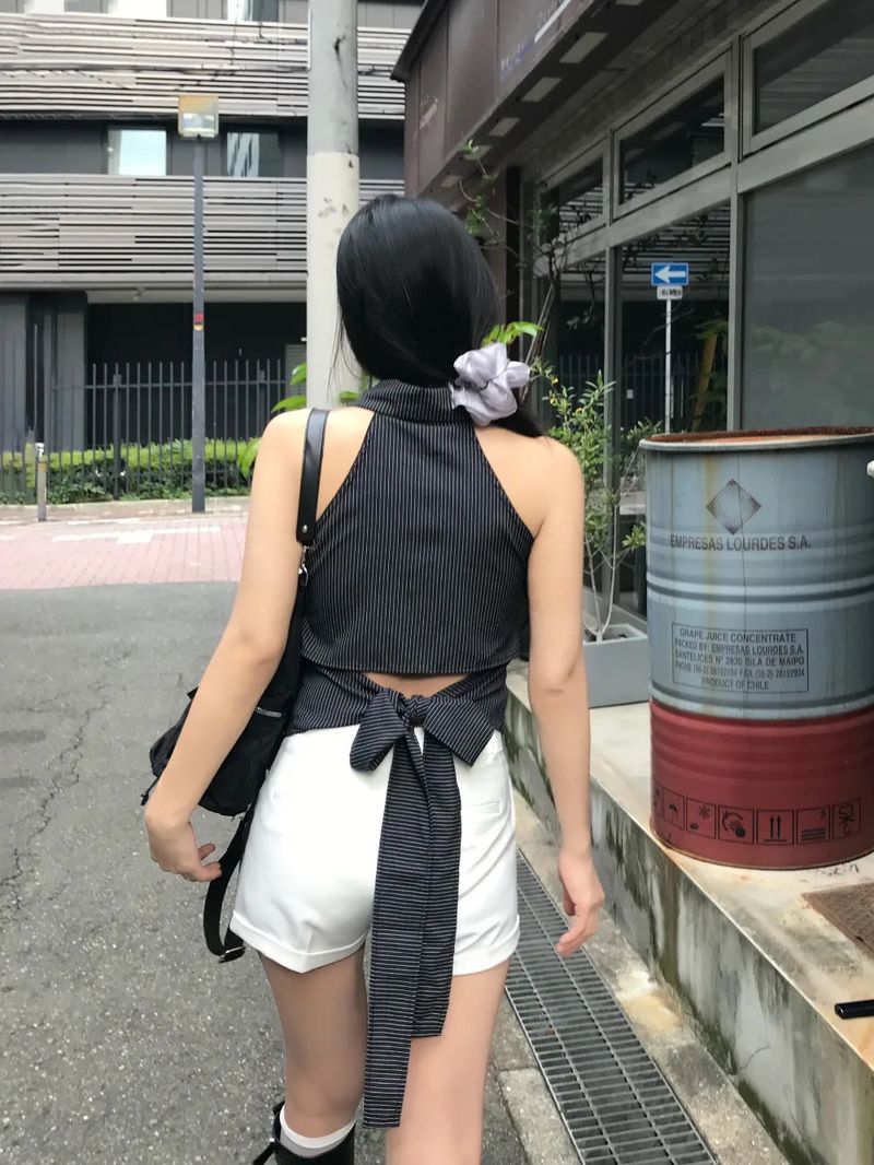 Niel Stripe Backless Halter Collar Shirt